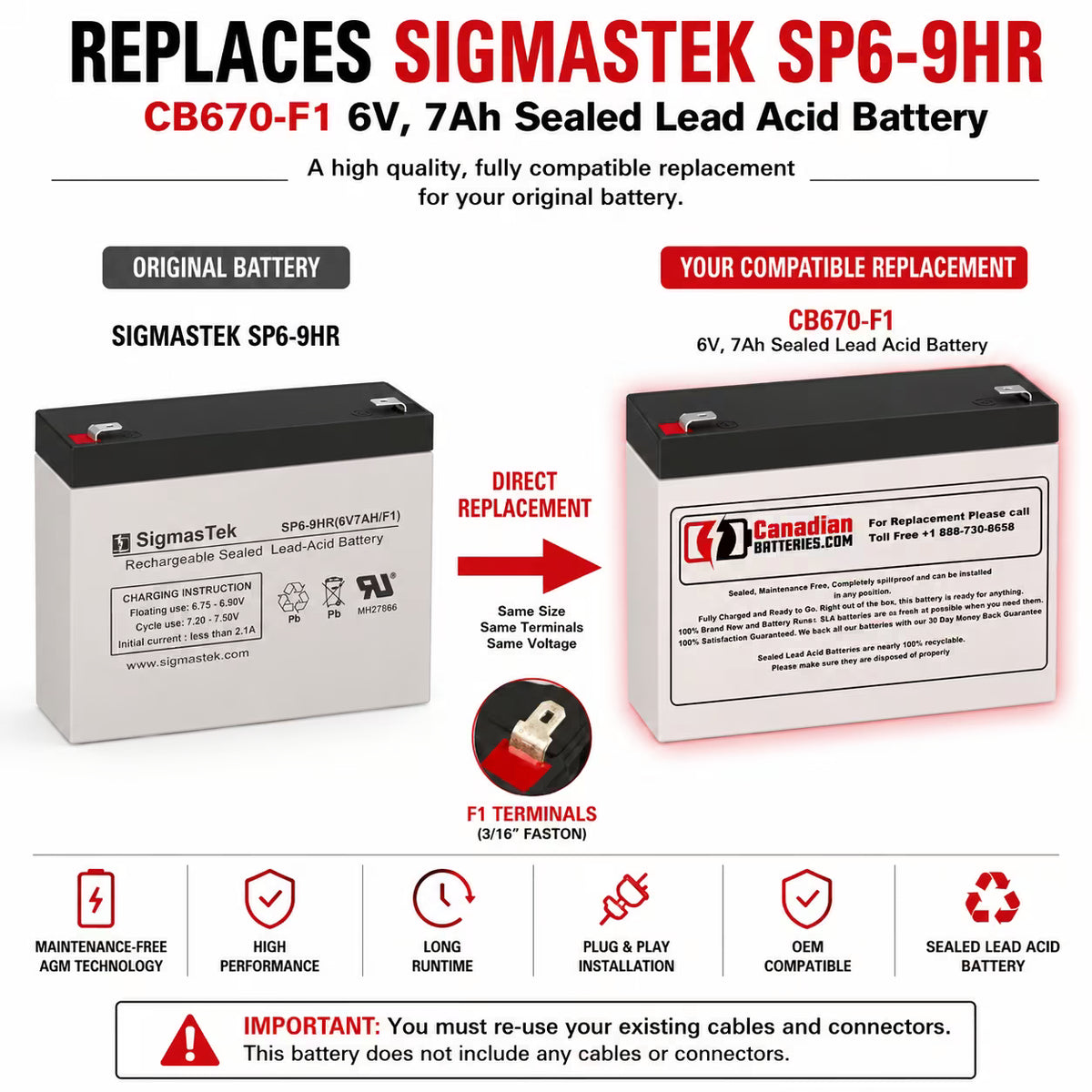 6V, 7Ah, replacement battery for Sigmastek Sp6-9hr with F1 terminals Sealed Lead Acid CB Generic