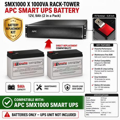 APC SMX1000 X 1000VA Rack-Tower UPS Battery Kit RBC109 – 2 x 12V 9Ah AGM UPS Batteries CB Range