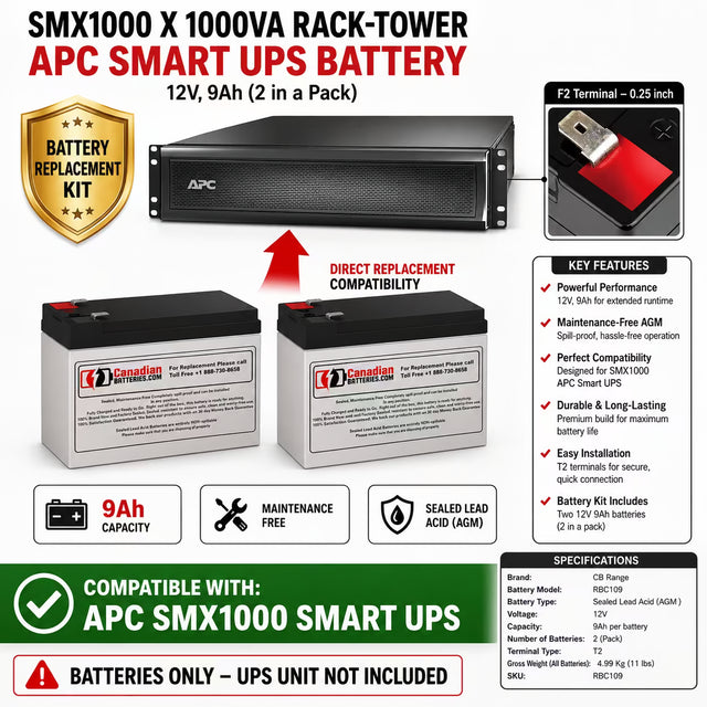 APC SMX1000 X 1000VA Rack-Tower UPS Battery Kit RBC109 – 2 x 12V 9Ah AGM UPS Batteries CB Range