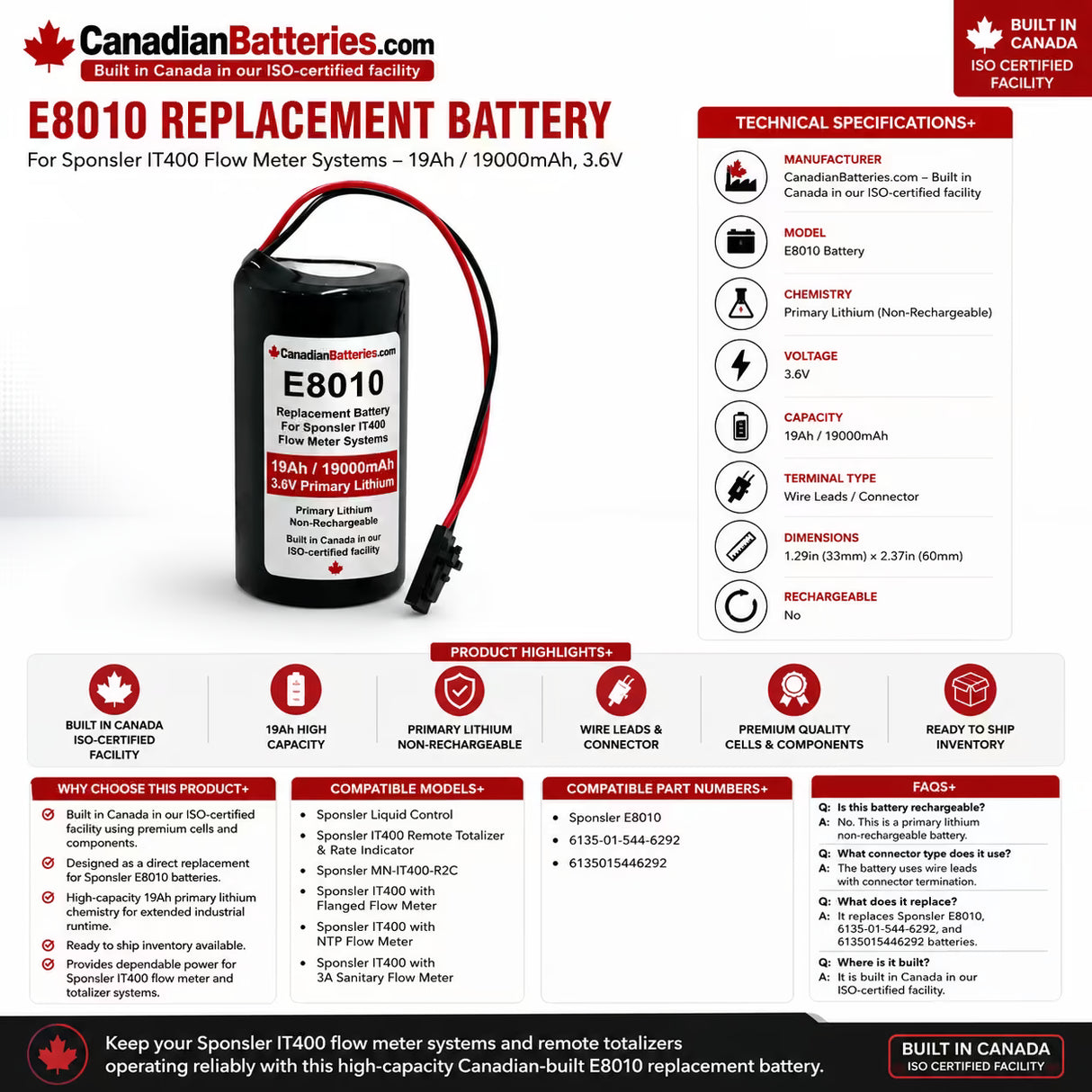 CanadianBatteries E8010 Battery 19Ah 3.6V for Sponsler IT400 Other Batteries BB Generic