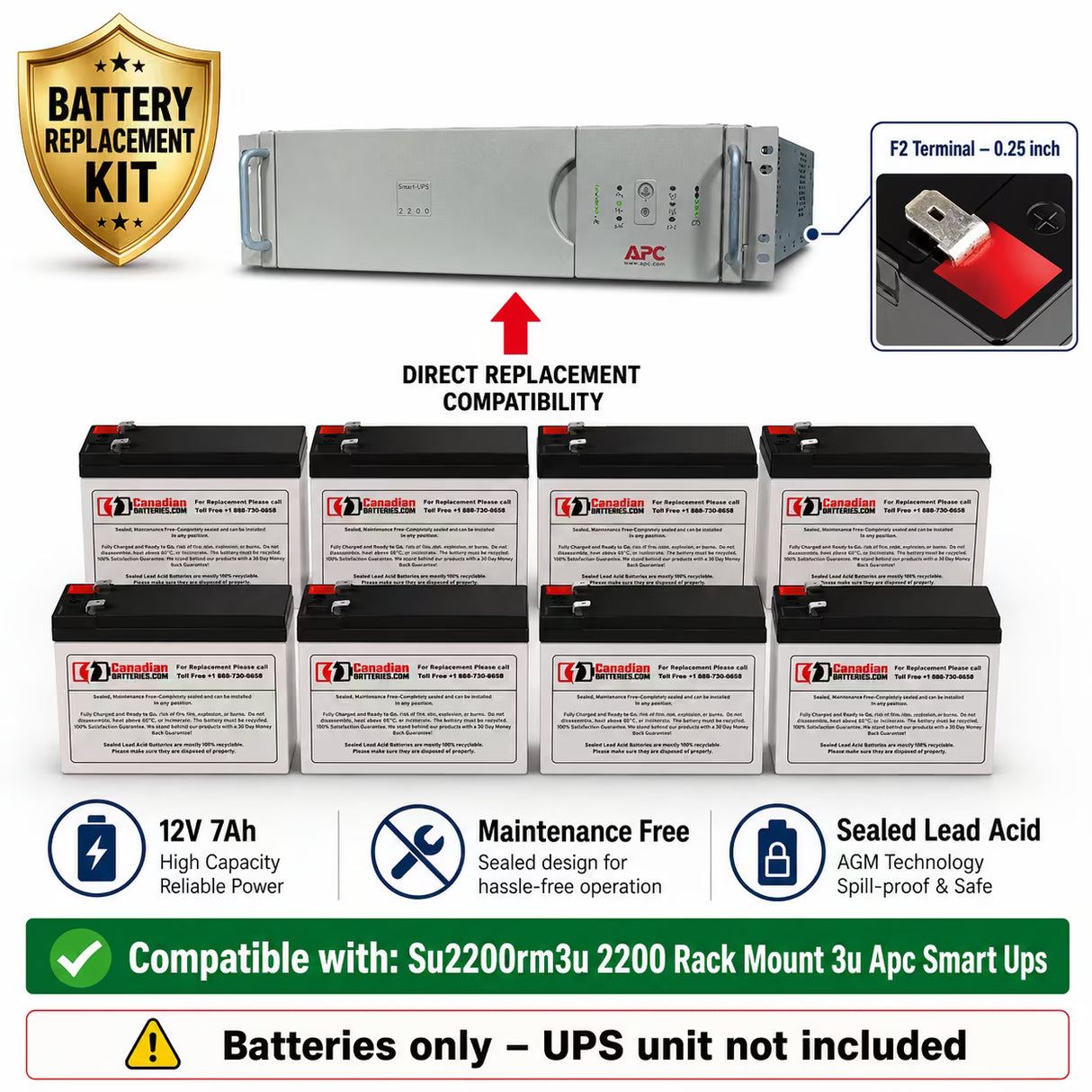 APC SU2200RM3U UPS Battery Replacement Kit RBC105 12V 7Ah AGM 8 Pack UPS Batteries CB Range