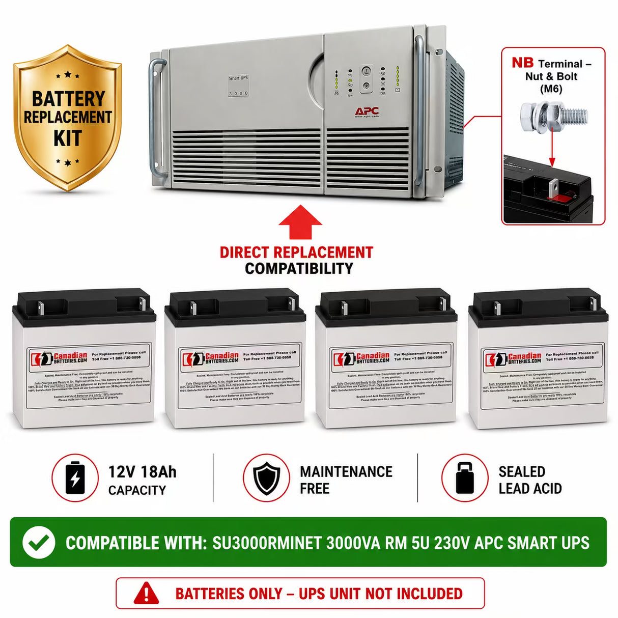 APC SU3000RMINET RBC11 Replacement Battery Kit 12V 18Ah 4 Pack UPS Batteries CB Range