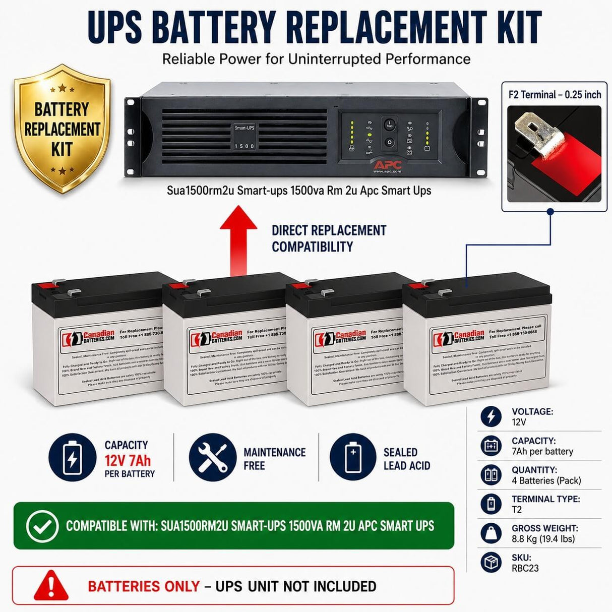 Sua1500rm2u Smart-UPS 1500va Rm 2u Apc Smart UPS Battery, 4 x 12V 7ah UPS Batteries CB Range