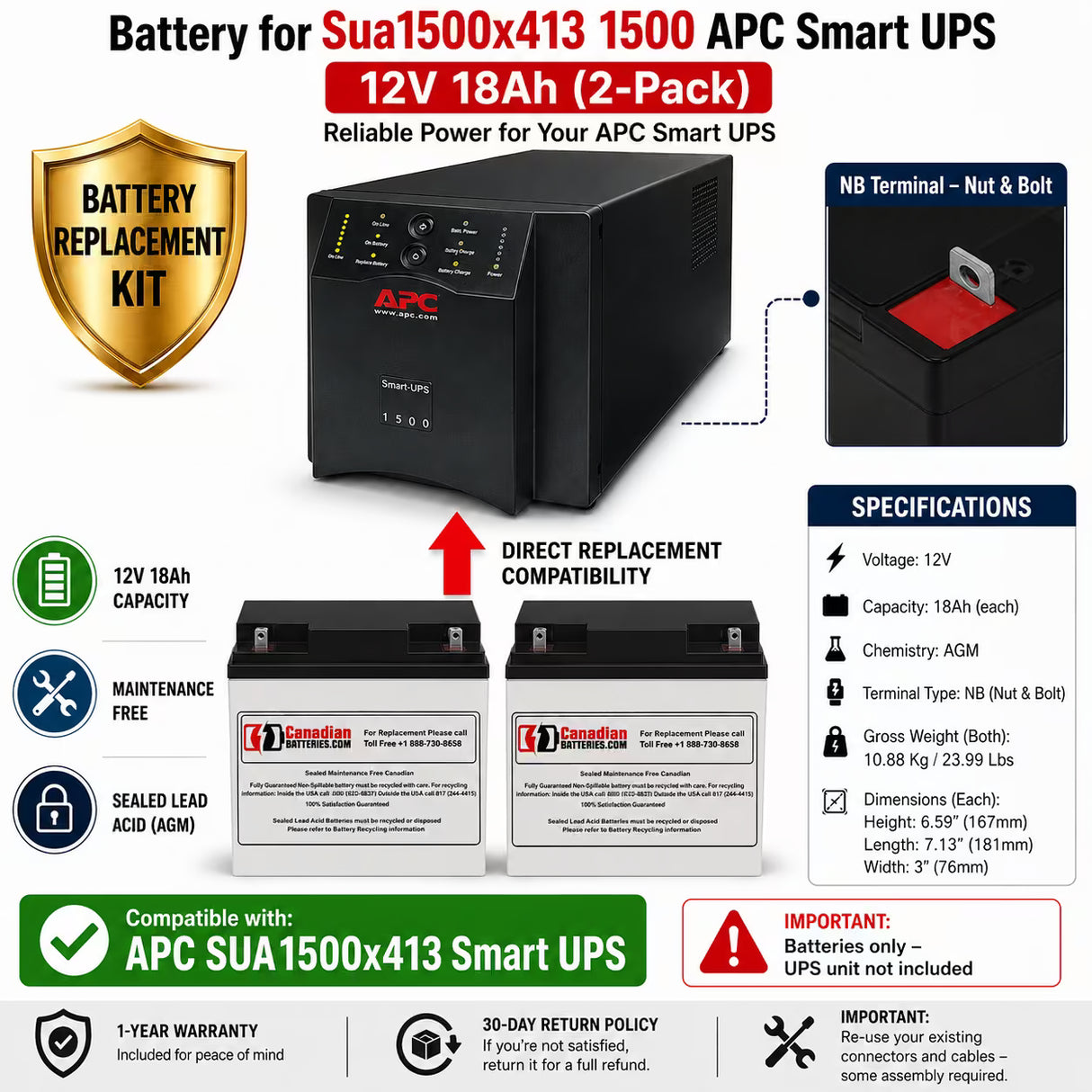 APC SUA1500X413 RBC7 Replacement Battery Kit – 2 x 12V 18Ah AGM NB Terminal Batteries UPS Batteries CB Range