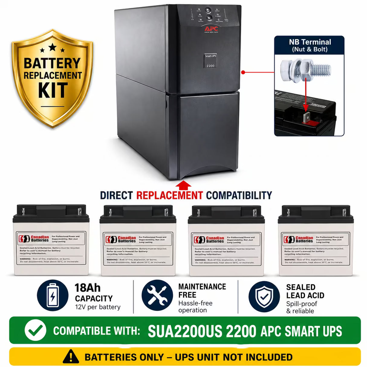 APC RBC11 Replacement Battery Kit 4x 12V 18Ah AGM for SUA2200US UPS Batteries CB Range