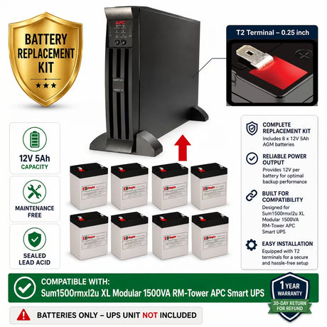 RBC43 Replacement Battery Kit for APC Sum1500rmxl2u UPS | 8 x 12V 5Ah AGM UPS Batteries CB Range