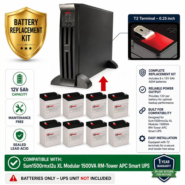 RBC43 Replacement Battery Kit for APC Sum1500rmxl2u UPS | 8 x 12V 5Ah AGM UPS Batteries CB Range