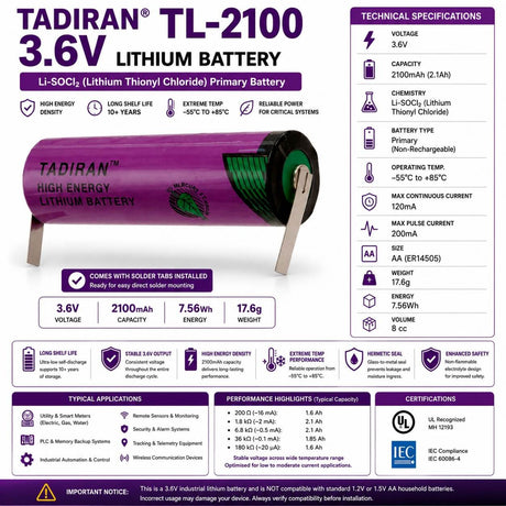 Tadiran Battery Model Tl-2100 3.6v, 2100 Mah - 7.56wh Tadiran Batteries Tadiran Batteries With Tabs