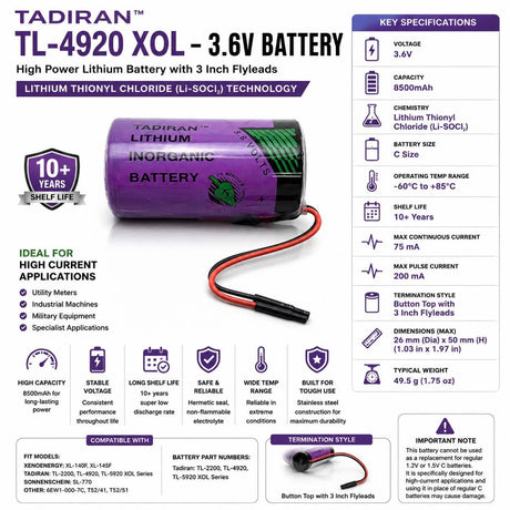 Tadiran Tl-4920/s Xol Series 3.6v C Size 8500mah Lithium Battery Replaces Er26500 & Ls26500 3.6v - Non Rechargeable Tadiran Batteries Tadiran Batteries With 3 Inch Flyleads