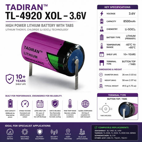 Tadiran Tl-4920/s Xol Series 3.6v C Size 8500mah Lithium Battery Replaces Er26500 & Ls26500 3.6v - Non Rechargeable Tadiran Batteries Tadiran Batteries With Tabs