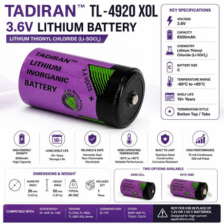 Tadiran Tl-4920/s Xol Series 3.6v C Size 8500mah Lithium Battery Replaces Er26500 & Ls26500 3.6v - Non Rechargeable Tadiran Batteries Tadiran Batteries Bare Cell