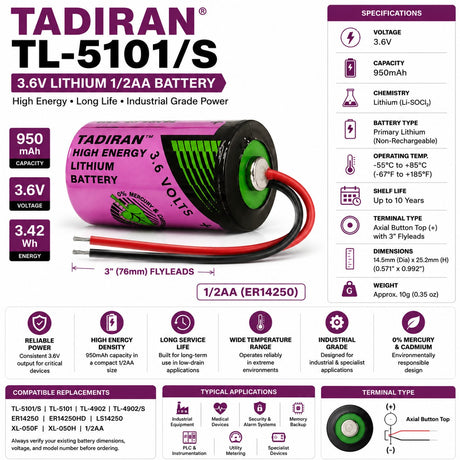 Tadiran Battery Model Tl-5101/s 1/2 Aa 3.6v, 950 Mah - 3.42wh Tadiran Batteries Tadiran Batteries With 3 Inch Flyleads