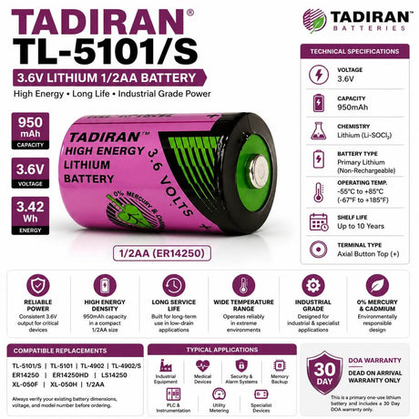 Tadiran Battery Model Tl-5101/s 1/2 Aa 3.6v, 950 Mah - 3.42wh Tadiran Batteries Tadiran Batteries Bare Cell