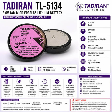 Tadiran Battery Model Tl-5134 3.6v, 1000 Mah - 3.6wh Tadiran Batteries Tadiran Batteries
