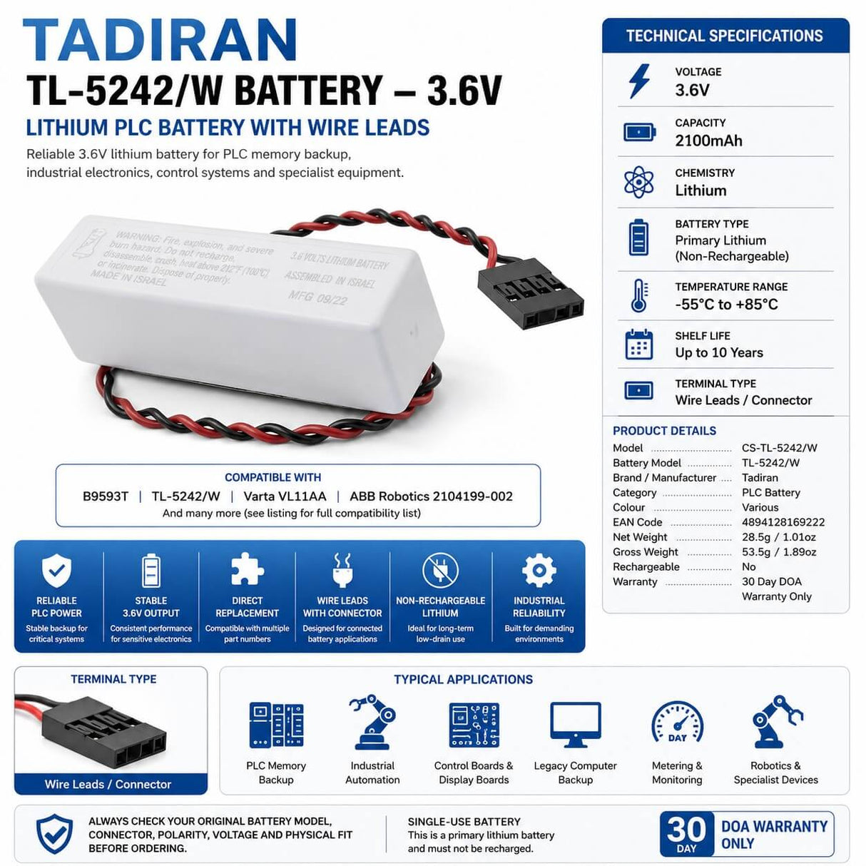 Tadiran Battery Model Tl-5242/w With Lead & Plug 3.6v, 2100 Mah Tadiran Batteries Tadiran Batteries
