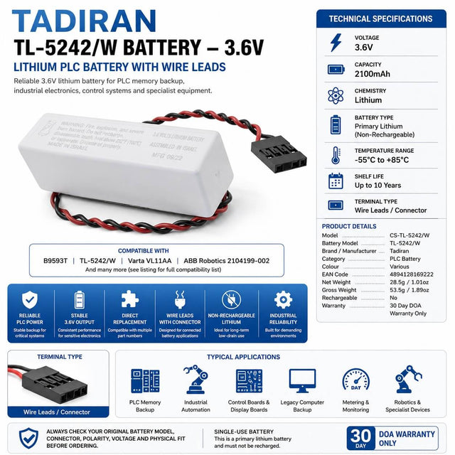 Tadiran Battery Model Tl-5242/w With Lead & Plug 3.6v, 2100 Mah Tadiran Batteries Tadiran Batteries