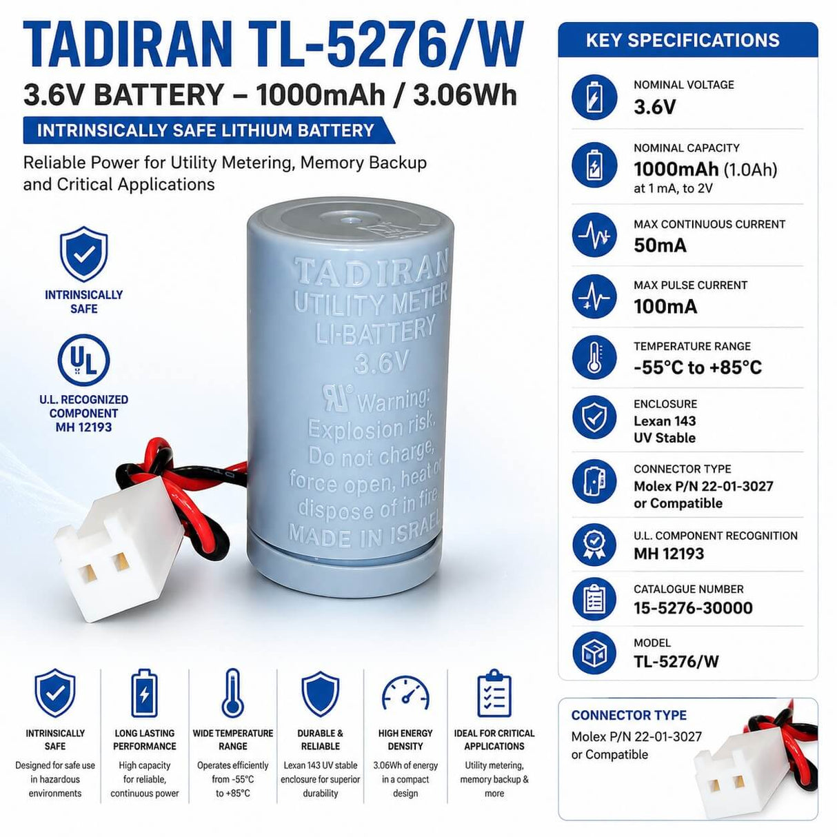 Tadiran Battery Tl-5276/w 3.6v, 1000 Mah - 3.06wh, Intrinsically Safe Tadiran Batteries Tadiran Batteries