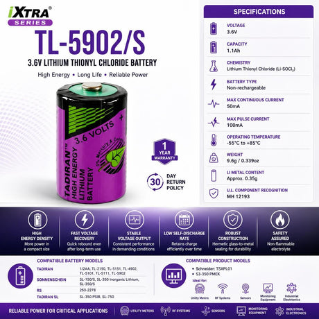 TL-5902/S 3.6V 1.1Ah Lithium Battery Replacement 1/2AA Tadiran Batteries Tadiran Batteries Bare Cell