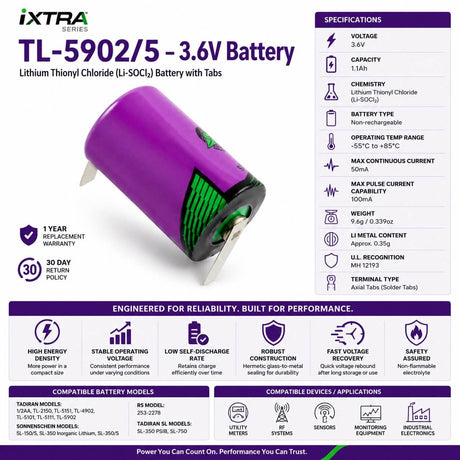 TL-5902/S 3.6V 1.1Ah Lithium Battery Replacement 1/2AA Tadiran Batteries Tadiran Batteries With Tabs