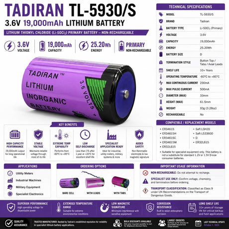 Tadiran Tl-5930/s 3.6v D Size 19ah Lithium Battery Replaces Lsh20 & Ls33600 3.6v - Non Rechargeable Tadiran Batteries Tadiran Batteries Bare Cell