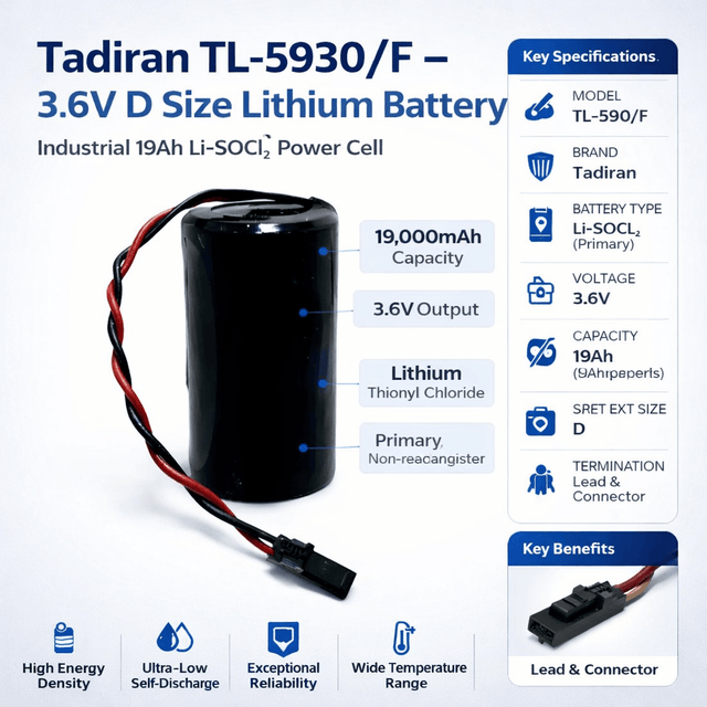 Tadiran Tl-5930/f 3.6v D Size 19ah Lithium Battery With Lead & Connector - Non Rechargeable Tadiran Batteries Tadiran Batteries
