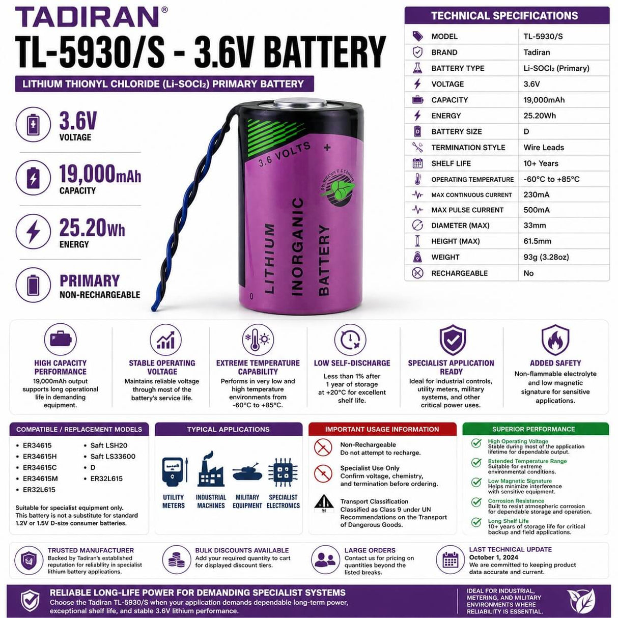 Tadiran Tl-5930/s 3.6v D Size 19ah Lithium Battery Replaces Lsh20 & Ls33600 3.6v - Non Rechargeable Tadiran Batteries Tadiran Batteries With 3 Inch Flyleads