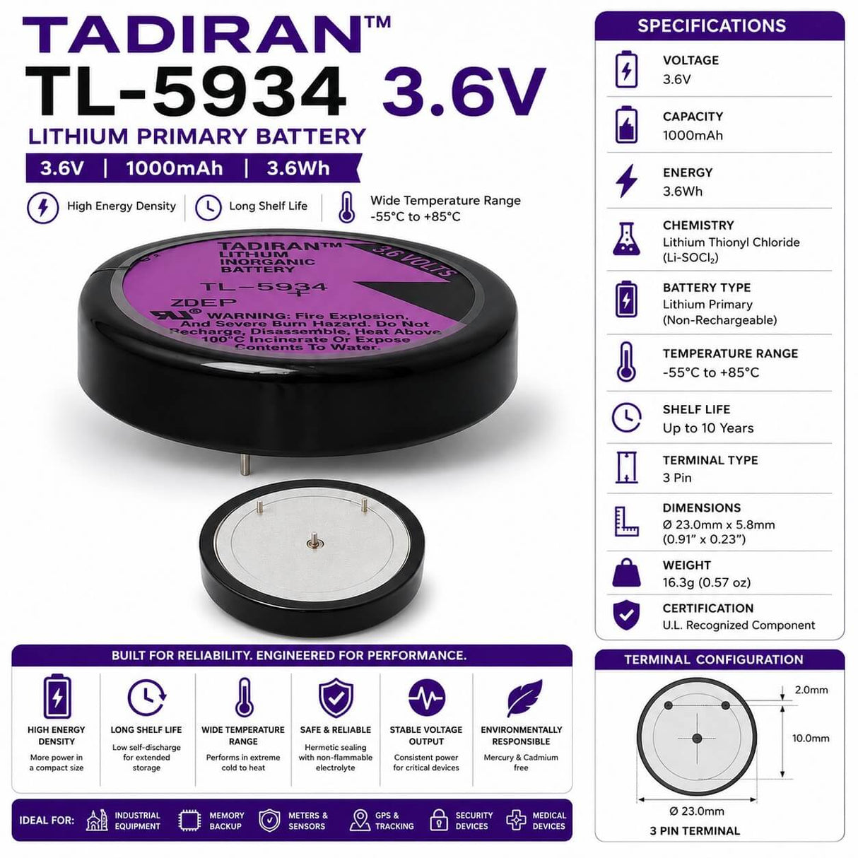 Tadiran Battery Model Tl-5934 3.6v, 1000 Mah - 3.6wh Tadiran Batteries Tadiran Batteries