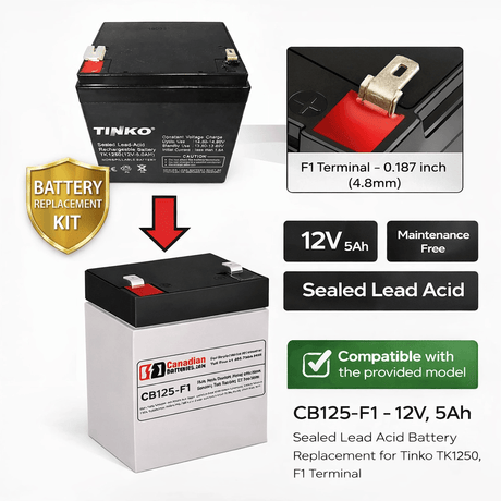 12V, 5Ah, replacement battery for Tinko Tk1250 with F1 terminals Sealed Lead Acid CB Generic