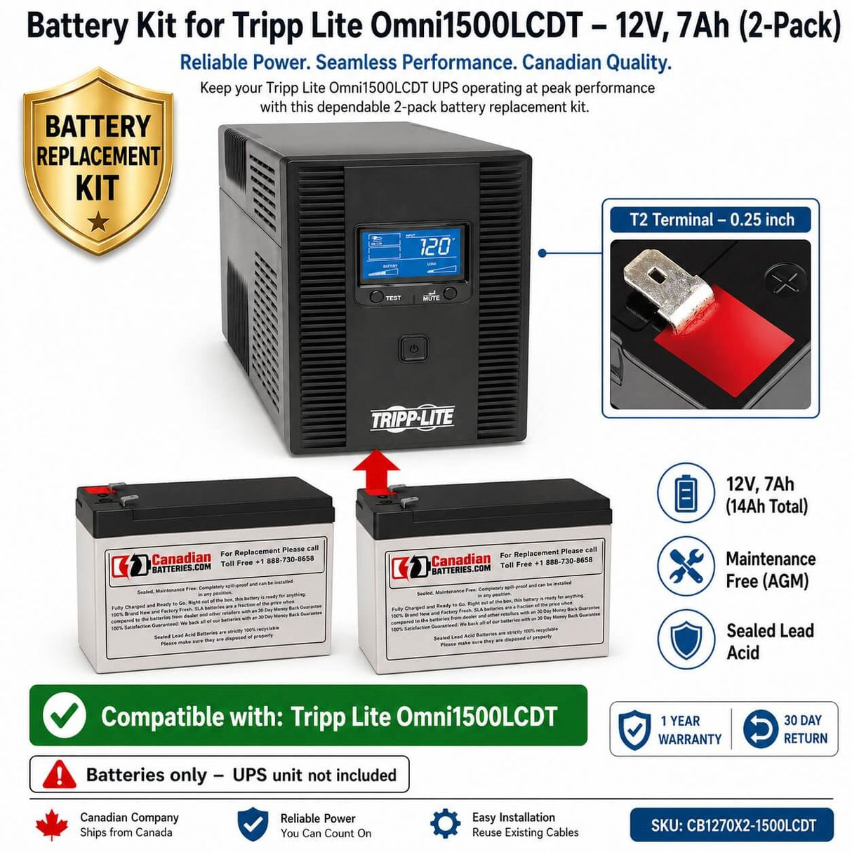 Tripp Lite Omni1500LCDT Replacement Battery Kit 12V 7Ah 2-Pack UPS Batteries CB Range Standard (12V 7ah)
