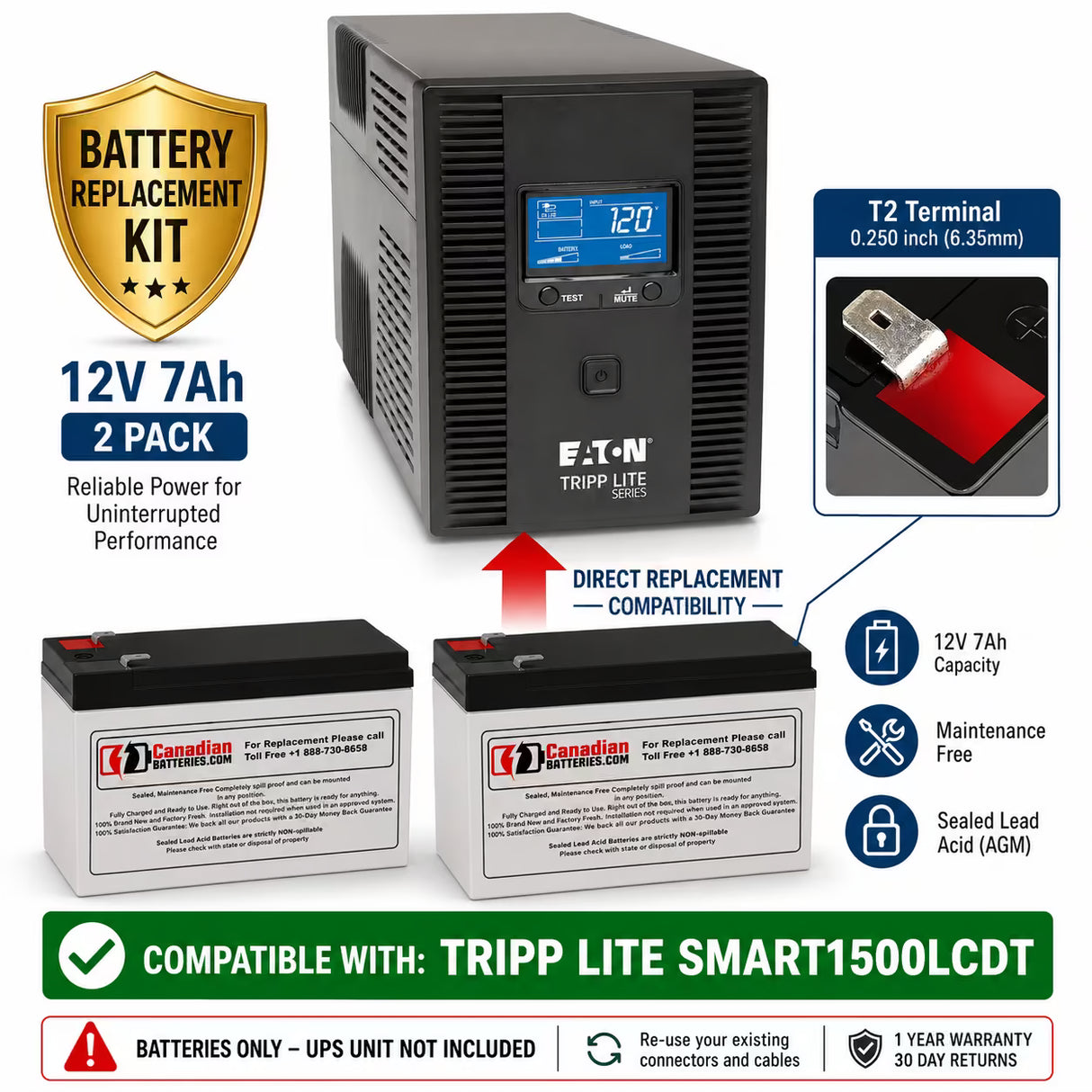 Tripp Lite Smart1500LCDT Replacement Battery Kit 12V 7Ah AGM 2 Pack UPS Batteries CB Range
