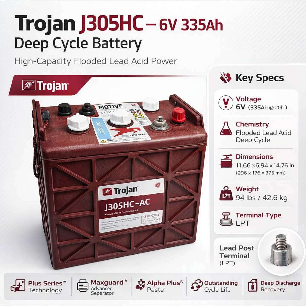 Trojan J305HC Deep Cycle Battery — 6V 335Ah (Flooded Lead Acid) Sealed Lead Acid (Special) Trojan