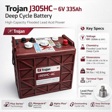 Trojan J305HC Deep Cycle Battery — 6V 335Ah (Flooded Lead Acid) Sealed Lead Acid (Special) Trojan