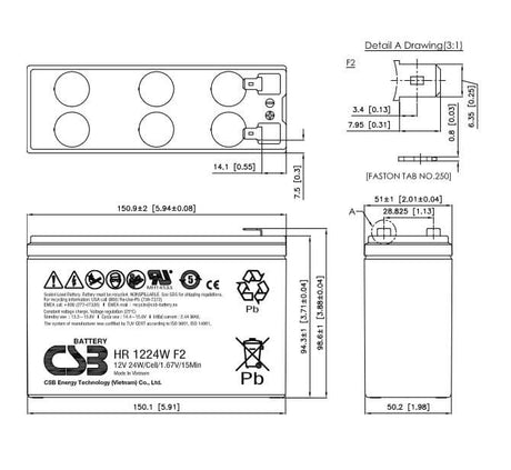 CSB UPS 12460 Battery – 12V VRLA AGM High-Rate UPS Battery with F2 Terminals Sealed Lead Acid CSB