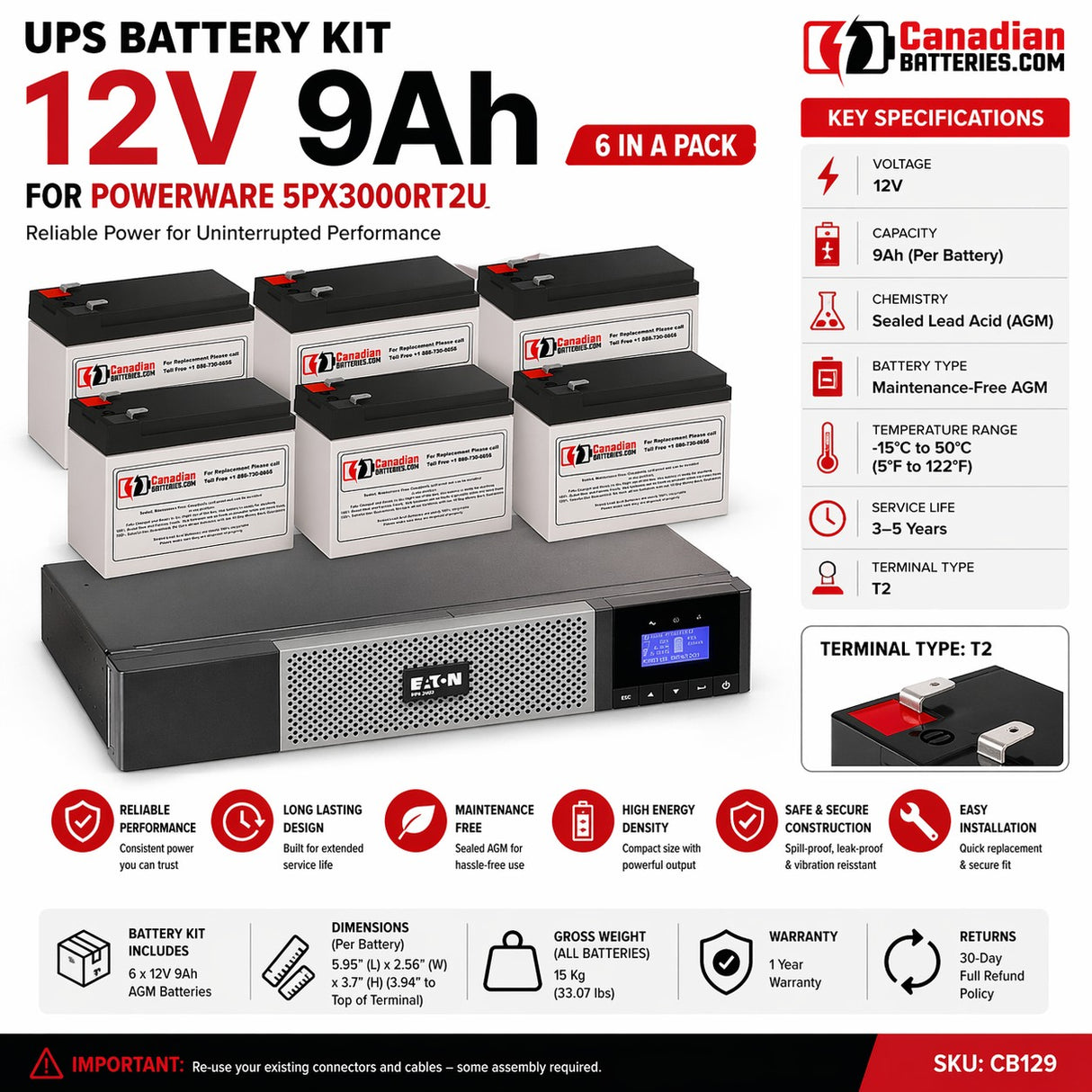Powerware 5PX3000RT2U UPS Battery Replacement Kit – 12V 9Ah AGM (6 Pack) UPS Batteries CB Range