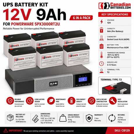 Powerware 5PX3000RT2U UPS Battery Replacement Kit – 12V 9Ah AGM (6 Pack) UPS Batteries CB Range