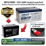 12V, 14Ah, replacement battery for Universal Ub12150 with F2 terminals Sealed Lead Acid CB Generic