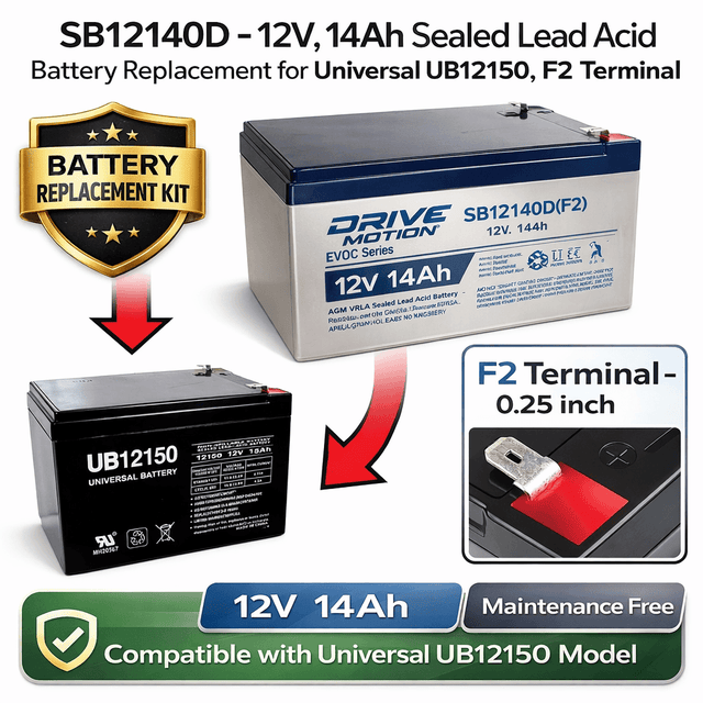 12V, 14Ah, replacement battery for Universal Ub12150k with F2 terminals Sealed Lead Acid CB Generic