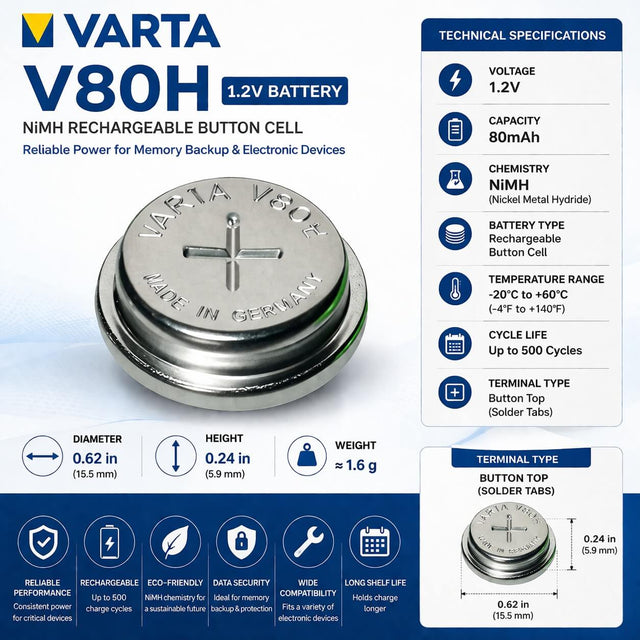V80H Battery from Varta 1.2V 80mAh NiMh Button Cell Power Lithium Cell Varta