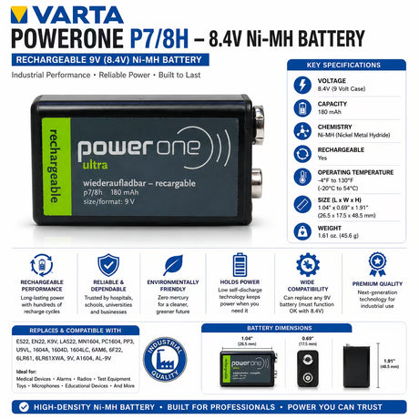 Varta Powerone P7/8H 8.4V Ni-MH Rechargeable 9V Battery Lithium Cell Varta