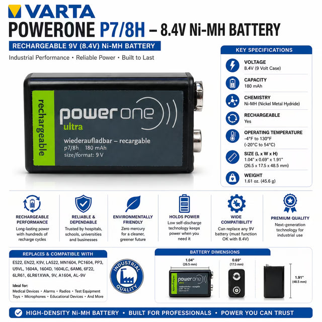 Varta Powerone P7/8H 8.4V Ni-MH Rechargeable 9V Battery Lithium Cell Varta