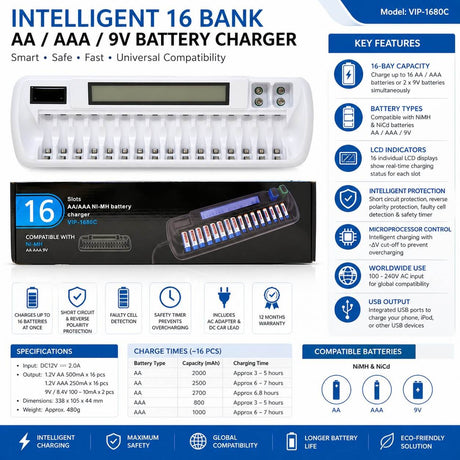 16 Bay Intelligent Battery Charger With Lcd Display Charges Aa & Aaa Batteries Other CB Range