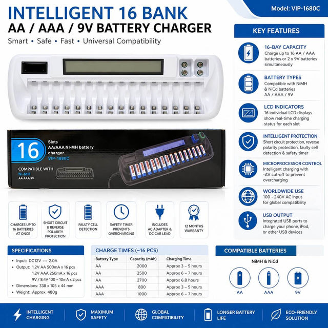 16 Bay Intelligent Battery Charger With Lcd Display Charges Aa & Aaa Batteries Other CB Range