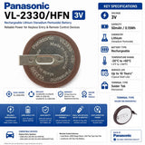 Panasonic Vl2330/hfn, Vl2330/hf, P085, Vl-2330-1hf 3v, 50mah - 0.15wh, Rechargeable Coin Cell Coin Cell Batteries Panasonic