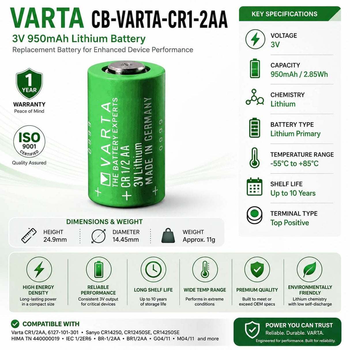 Battery For Varta-cr1/2aa, 6127-101-301 3v, 950 Mah - 2.85wh Other Batteries CB Range Bare Cell