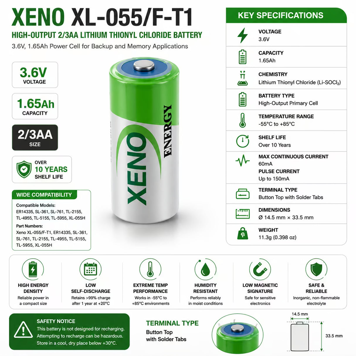 Xeno Xl-055f Battery, 3.6v 1650mah 2/3 Aa Lithium Battery (er14335) Other Xeno Energy Bare Cell