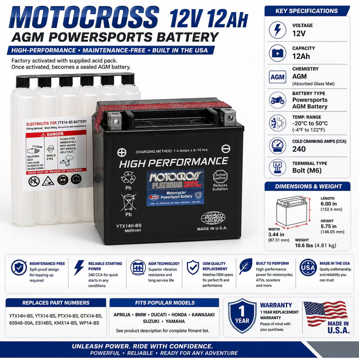 Ytx14h-bs 12v 240 Cca Motocross Agm Motorcycle Battery Other Batteries BB Generic