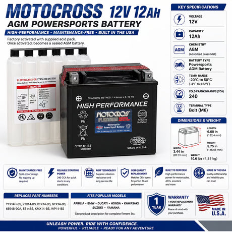 Ytx14h-bs 12v 240 Cca Motocross Agm Motorcycle Battery Other Batteries BB Generic