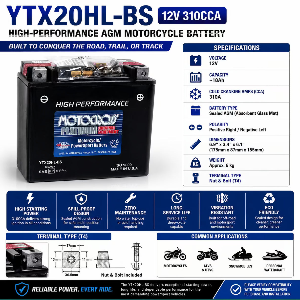 Ytx20hl-bs 12v 310 Cca Motocross Agm Motorcycle Battery Other Batteries CB Range