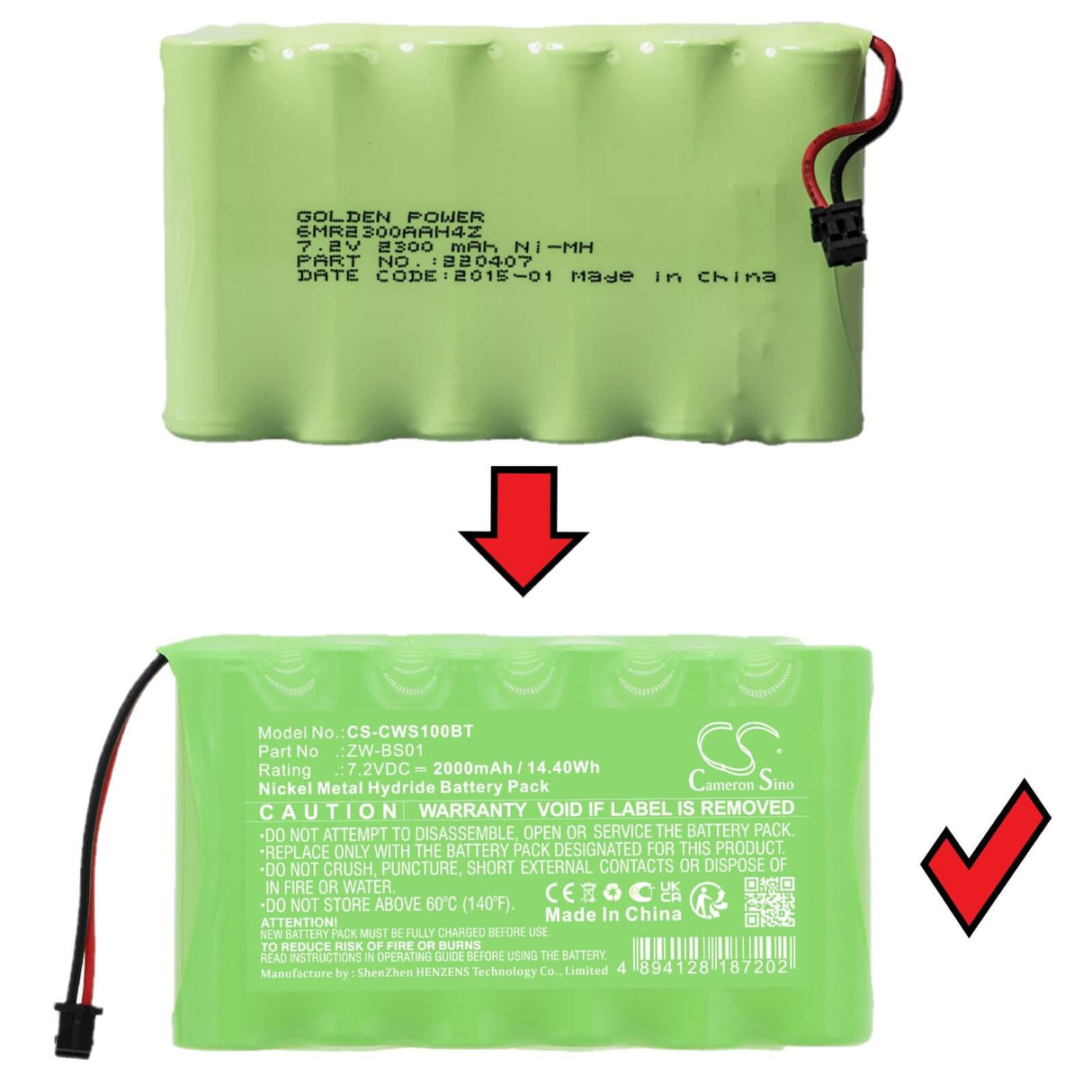 7.2v, Ni-mh, 2000mah, Alarm Battery Fits 6MR2300AAH4Z, Caddx, Zerowire Control Panel, 14.40wh Alarm System Cameron Sino Technology Limited