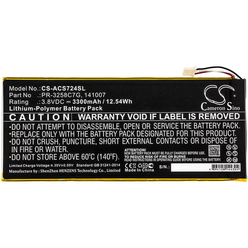 3.8V, Li-Polymer, 3300mAh, Tablet battery fits Acer, 141007, A1-734, Iconia Talk S, 12.54Wh Tablet Cameron Sino Technology Limited